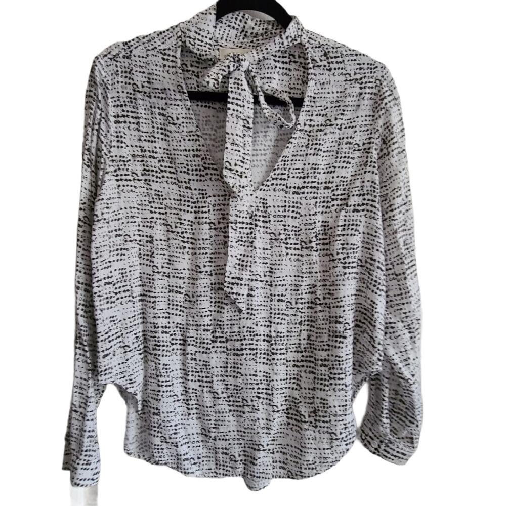 CLOTH & STONE Black White Graphic‎ Print Tie Neck Blouse Top Women's Medium